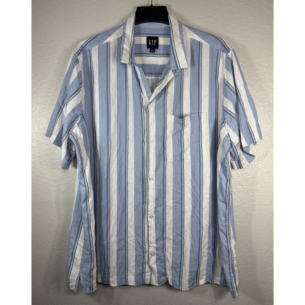 Gap Men's Blue Stripe Short Sleeve Button-Up Linen Shirt - Chest Pocket Sz XL